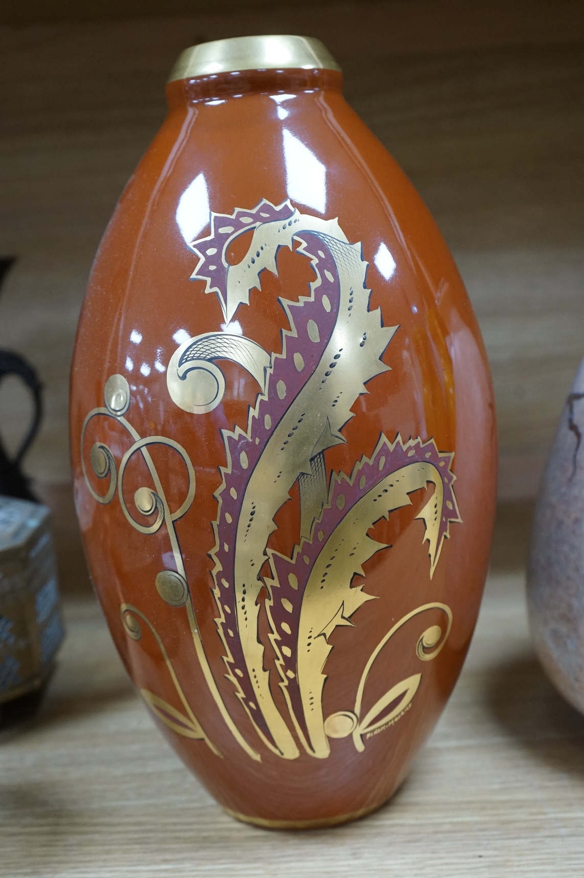 Two French or Belgian Art Deco vases, by Pinon-Maurice and A. Dubois, 34cm